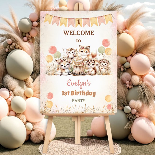 Woodland Animals Boho Pastel Girl 1st Birthday  Foam Board (Woodland Animals Boho Pastel Girl 1st Birthday Foam Board)