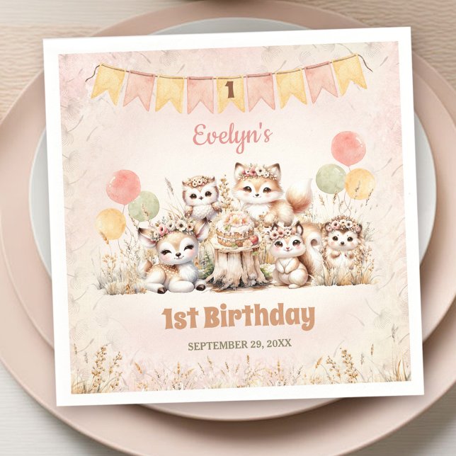 Woodland Animals Boho Pastel Girl 1st Birthday  Napkins (Woodland Animals Boho Pastel Girl 1st Birthday Napkins)