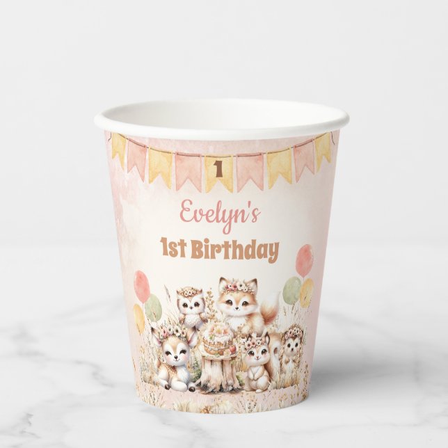 Woodland Animals Boho Pastel Girl 1st Birthday  Paper Cups (Front)