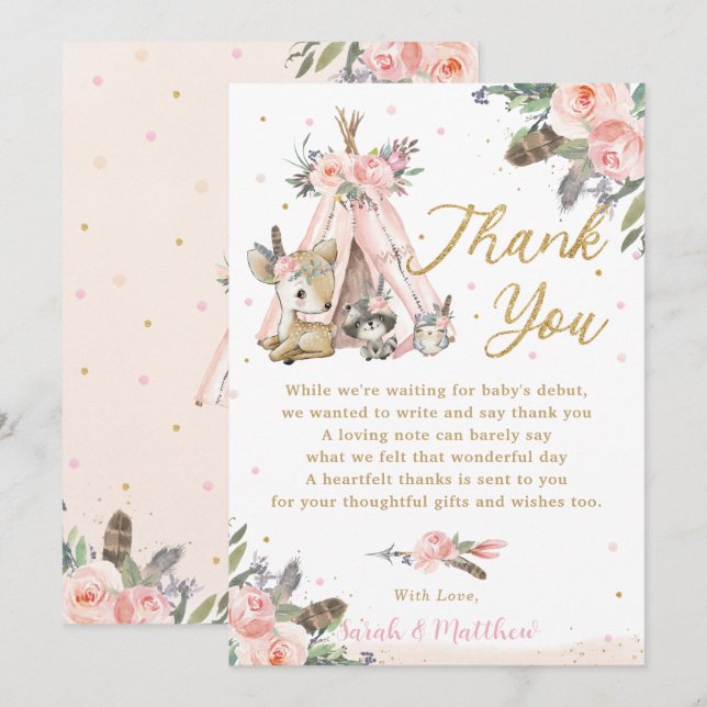 Woodland Animals Boho Tribal Baby Shower Birthday Thank You Card (Front/Back)