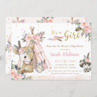 Woodland Animals Boho Tribal Girl Baby Shower Invitation