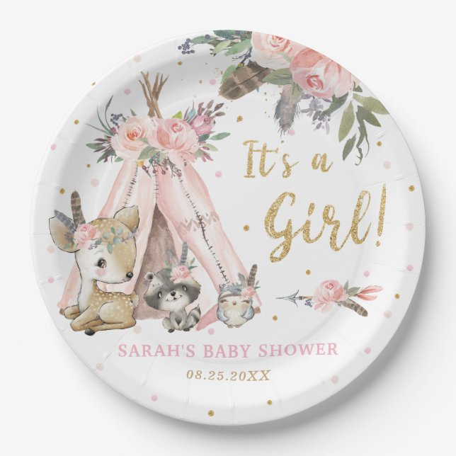Woodland Animals Boho Tribal Girl Baby Shower  Paper Plates (Front)
