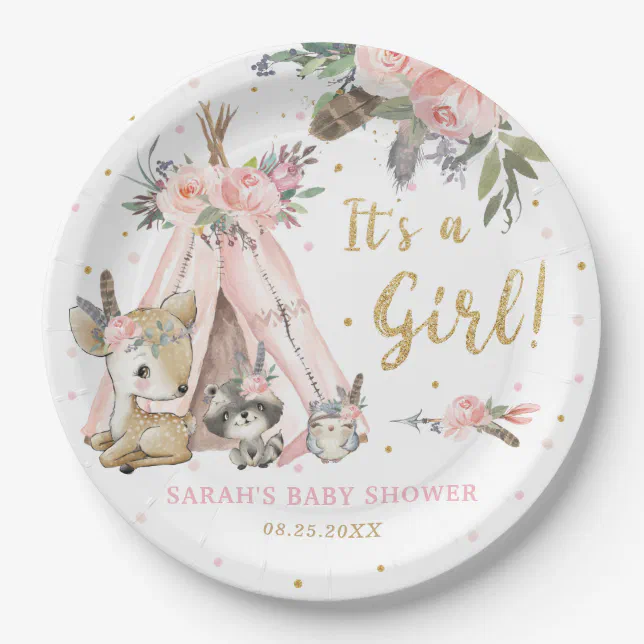 Woodland Animals Boho Tribal Girl Baby Shower Paper Plates | Zazzle