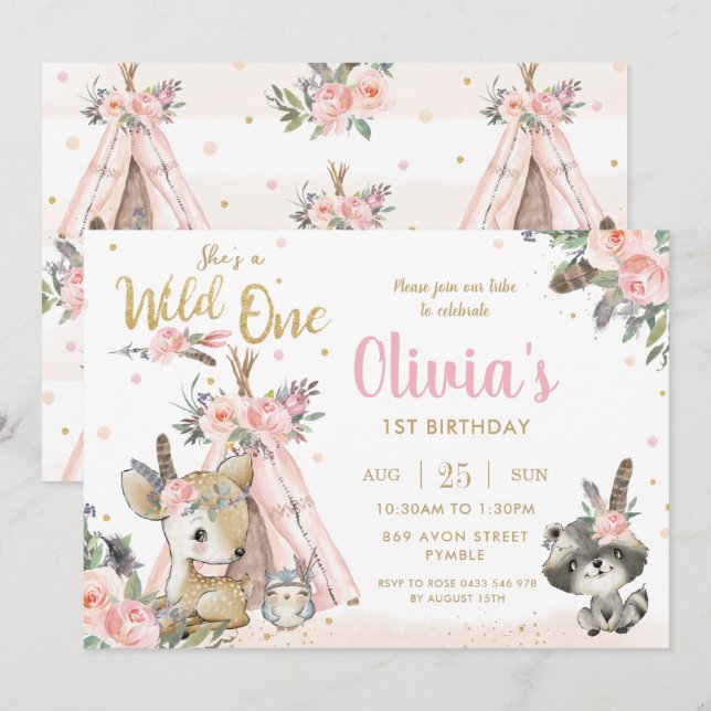 Woodland Animals Boho Tribal Wild One 1st Birthday Invitation (Front/Back)