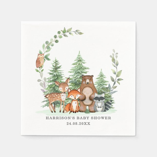  Woodland Animals Botanical Greenery Baby Shower Napkins (Front)
