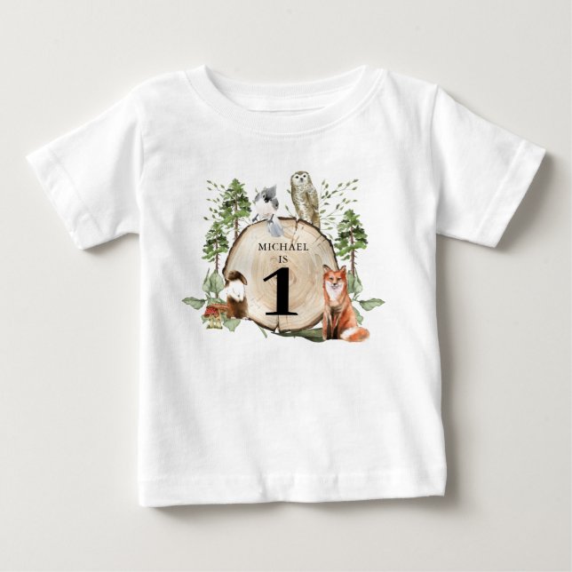 Woodland Animals Boy 1st Birthday T-Shirt (Front)