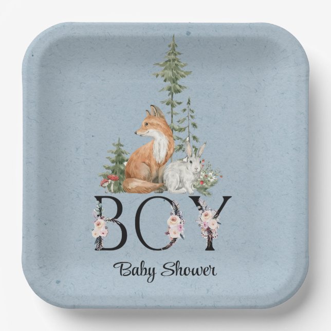 Woodland Animals Boy Baby Shower Paper Plates (Front)