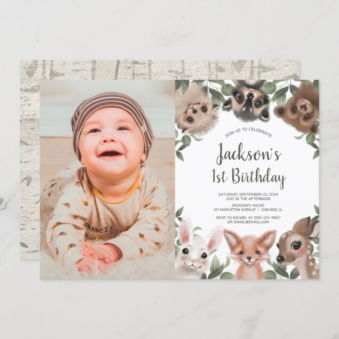 Woodland animals boys 1st birthday photo invitation | Zazzle