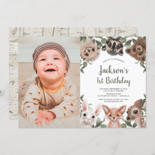 Woodland animals boys 1st birthday photo invitation