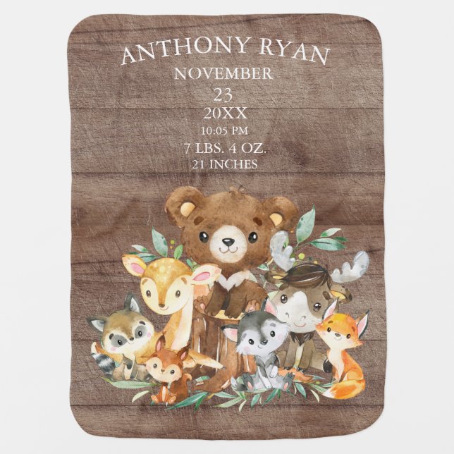Woodland Animals Boys Birth Stats Blanket (Front)
