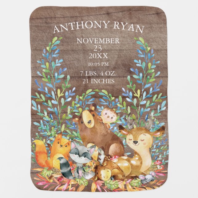 Woodland Animals Boys | Girl Birth Stats Blanket (Front)