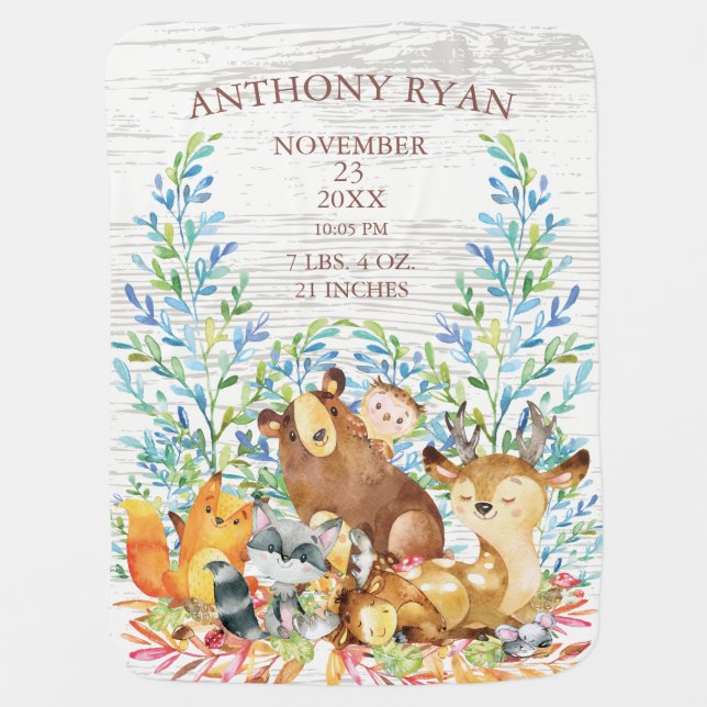 Woodland Animals Boys | Girl Birth Stats Blanket (Front)