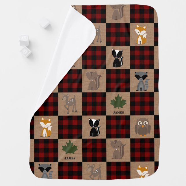Woodland Animals Buffalo Plaid Baby Blanket (In Situ)