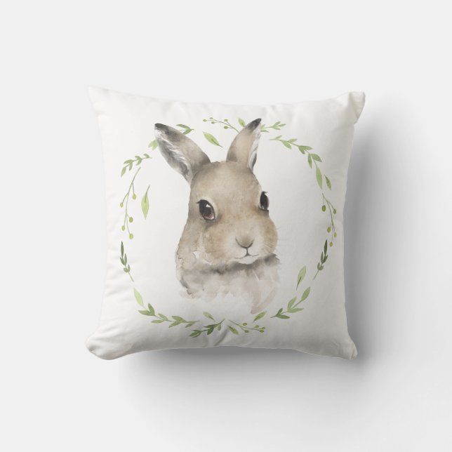 Woodland Animals Bunny Rabbit Watercolor Wreath Throw Pillow (Front)