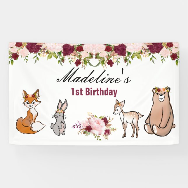 Woodland Animals Burgundy & Pink Floral Banner (Horizontal)