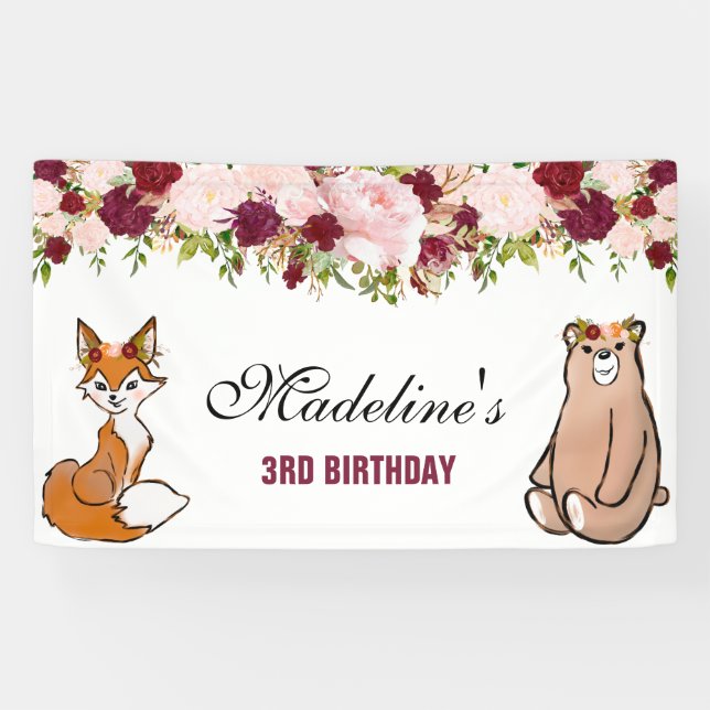 Woodland Animals Burgundy & Pink Floral Banner (Horizontal)