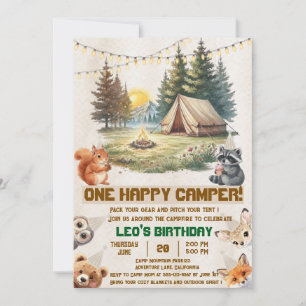Woodland Animals Camping 1st Birthday Invitation