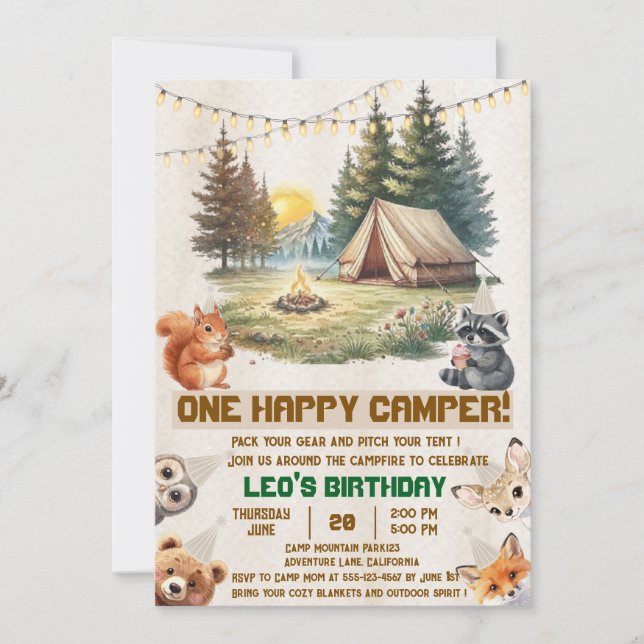Woodland Animals Camping 1st Birthday Invitation (Front)