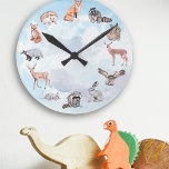Woodland Animals Children's Room Deer Fox Rabbit Round Clock<br><div class="desc">This design was created though digital art. It may be personalized in the area provide or customizing by choosing the click to customize further option and changing the name, initials or words. You may also change the text color and style or delete the text for an image only design. Contact...</div>