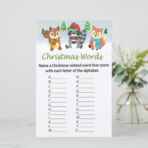 Woodland animals christmas alphabet words game