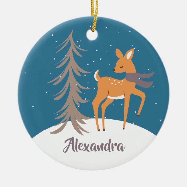Woodland Animals Christmas Deer Ceramic Ornament (Front)