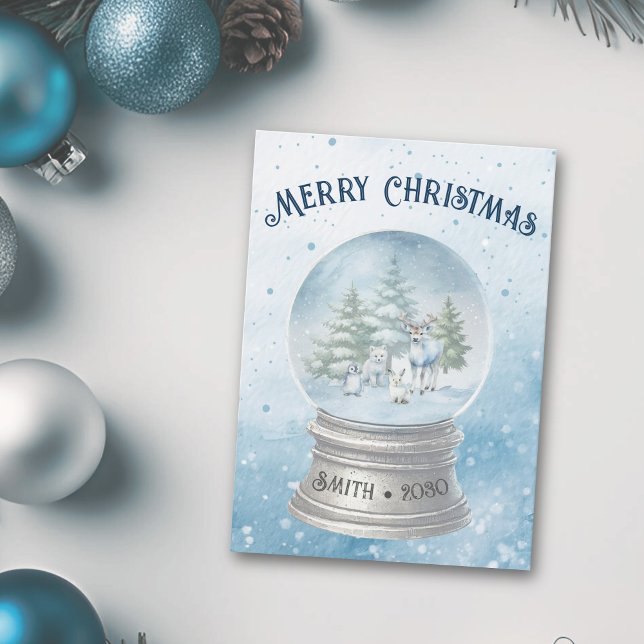 Woodland Animals Christmas Flat Holiday Card (Winter Woodland Creatures snow globe christmas card)