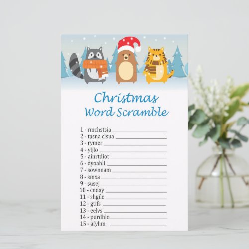 Woodland animals christmas word scramble game
