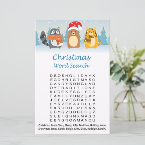 Woodland animals christmas word search game