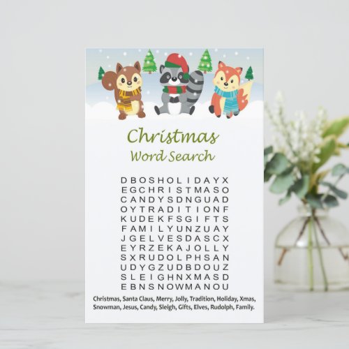 Woodland animals christmas word search game