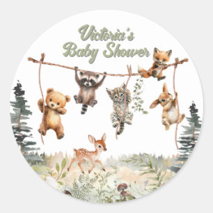 Woodland Animals Clothesline Forest Baby Shower Classic Round Sticker