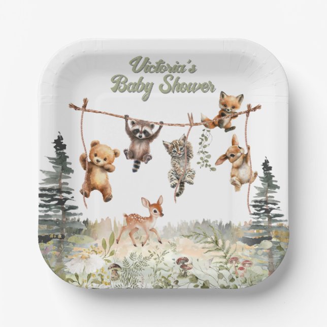 Woodland Animals Clothesline Forest Baby Shower Paper Plates (Front)