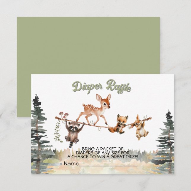 Woodland Animals Clothesline Forest Diaper Raffle Invitation (Front/Back)