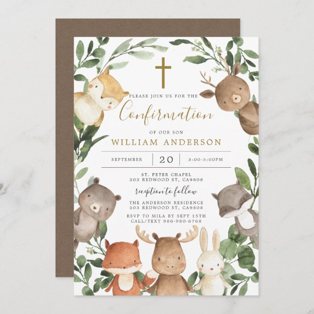 Woodland Animals Confirmation Invitation (Front/Back)