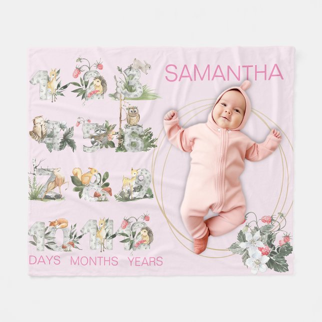 Woodland Animals Custom Numbers Milestone Age Pink Fleece Blanket (Creator Uploaded)