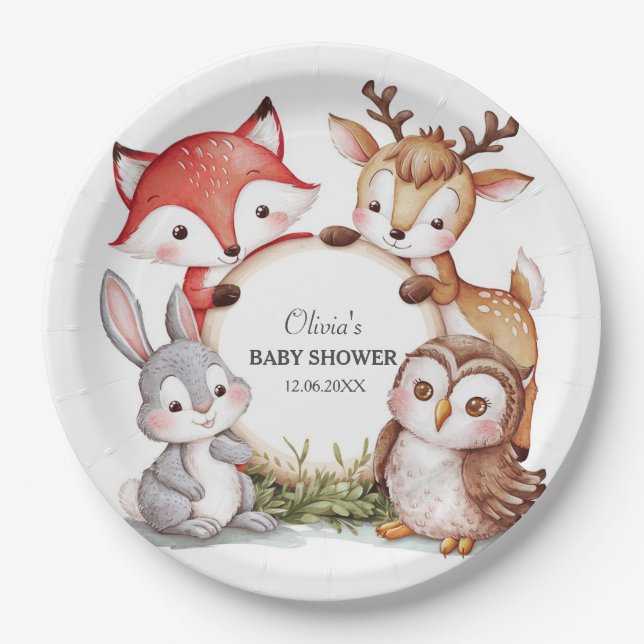 Woodland Animals Cute Baby Shower Paper Plates (Front)