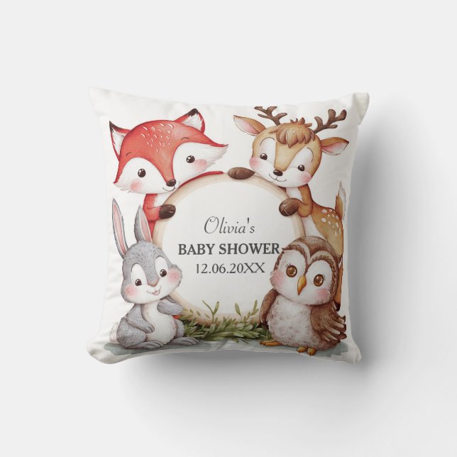Woodland Animals Cute Baby Shower Throw Pillow (Front)