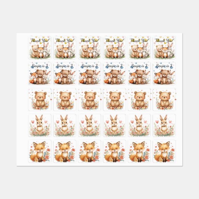 Woodland Animals Cute Bear Fox Bunny Kids Birthday Labels (Sheet)