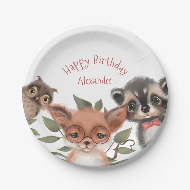 Woodland Animals Cute Birthday Party Theme Paper Plates (Front)