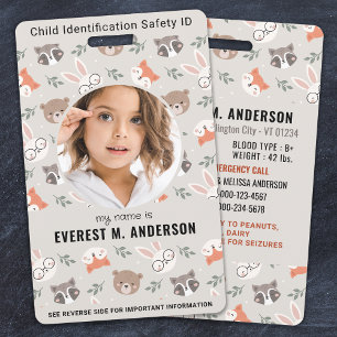Woodland Animals Cute Custom Modern Photo Child ID Badge