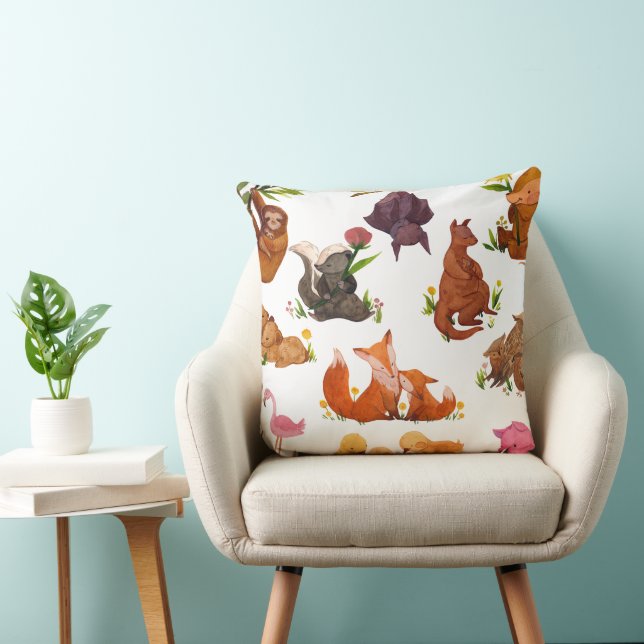 Woodland Animals - Cute Forest Creature Pattern Throw Pillow (Chair)