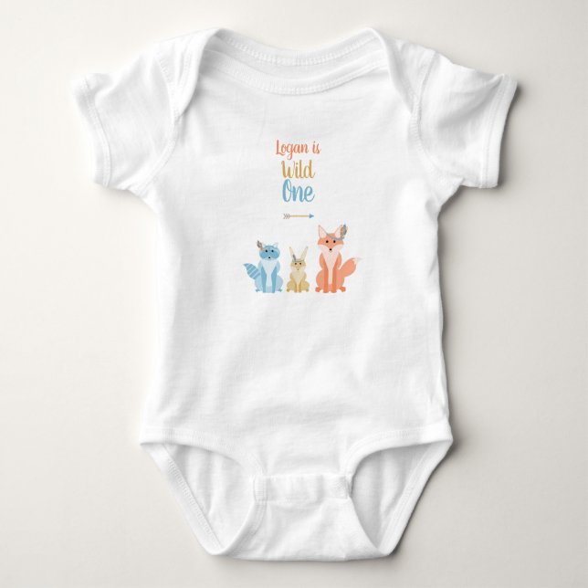 Woodland Animals Cute Tribal Boy Wild One Birthday Baby Bodysuit (Front)
