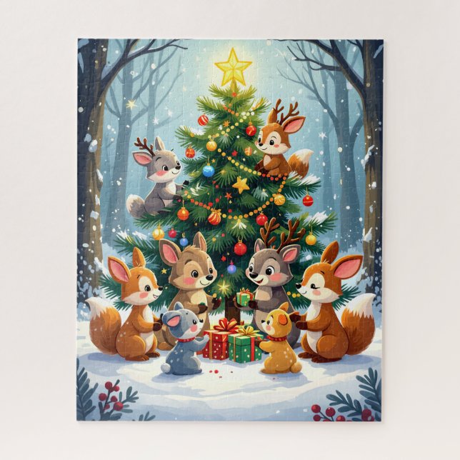 Woodland Animals Decorating Christmas Tree Jigsaw Puzzle (Vertical)