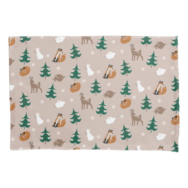 Woodland Animals Deer Fox Bunny Pattern Trees Pillow Case (Front)