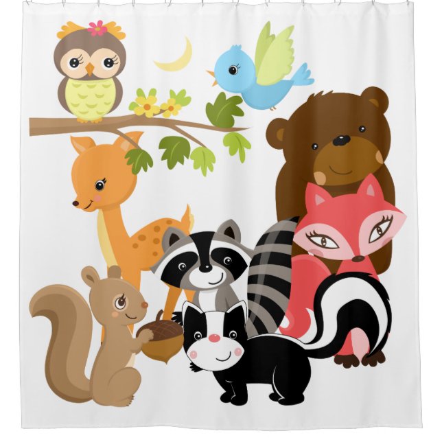 Woodland Animals Deer Fox Raccoon Bear Owl Shower Curtain (Front)