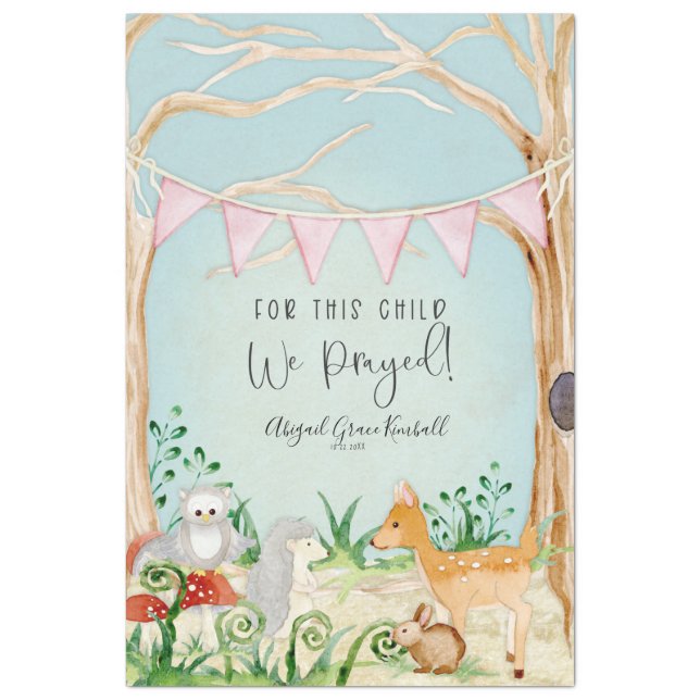 Woodland Animals Deer Owl Hedgehog Baby Girl  Tissue Paper (Vertical)