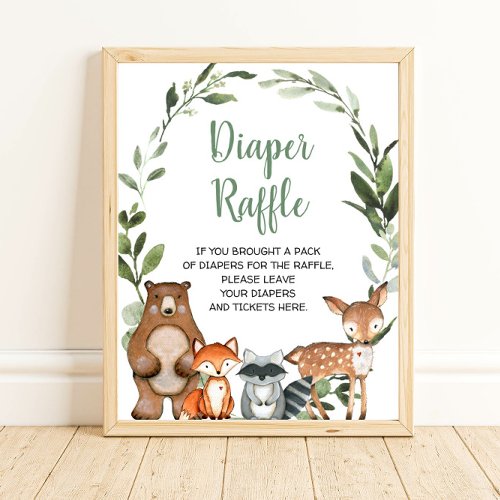 Woodland animals Diaper Raffle baby shower sign