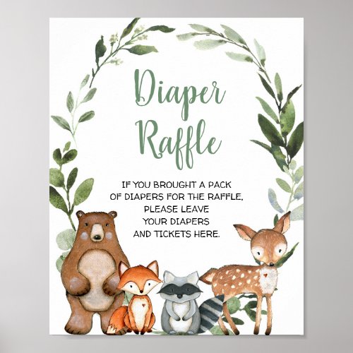 Woodland animals Diaper Raffle baby shower sign