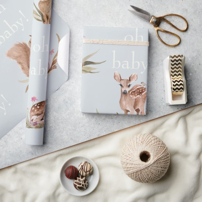 Woodland Animals Dusty Blue Oh Baby Wrapping Paper (Crafts)