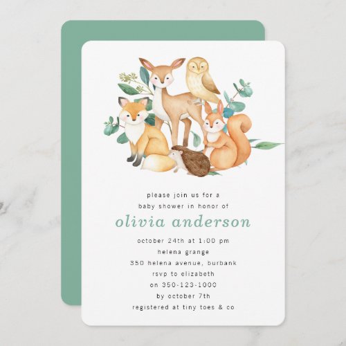 Woodland Animals Eucalyptus Baby Shower Invitation