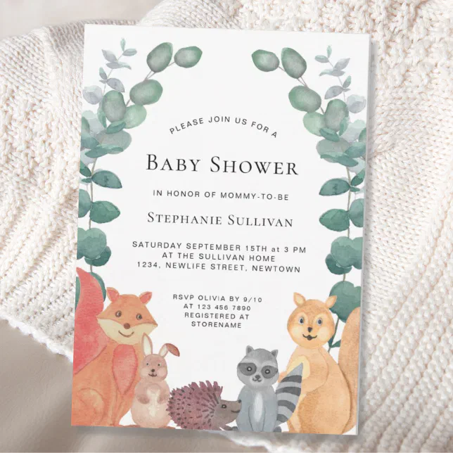 Woodland Animals Eucalyptus Greenery Baby Shower Invitation | Zazzle